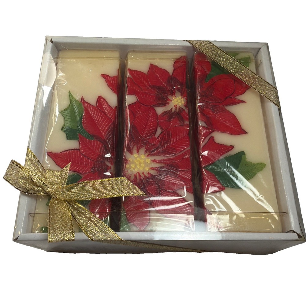 Bill Blass Picturescape Poinsettia Christmas Pillar Candle Gift Set of 3 NIB Y2K